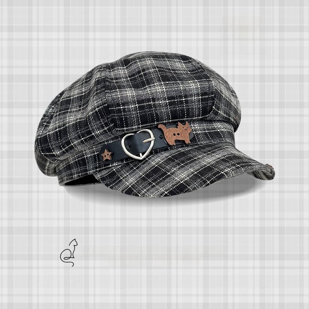 Vintage Καρό Γάτα Καρδιά Πόρπη Ζώνης Καπέλο Newsboy Για Φθινόπωρο Χειμώνα Μόδα