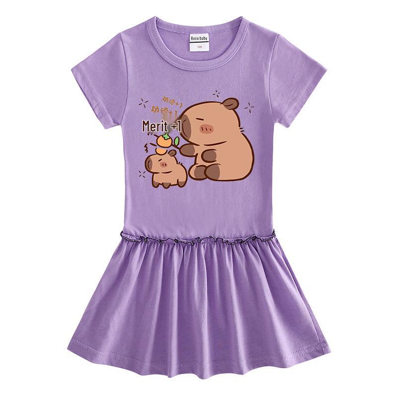 Summer Cartoon Raglan Color-Block Short Sleeve Pleated Dress for Girls