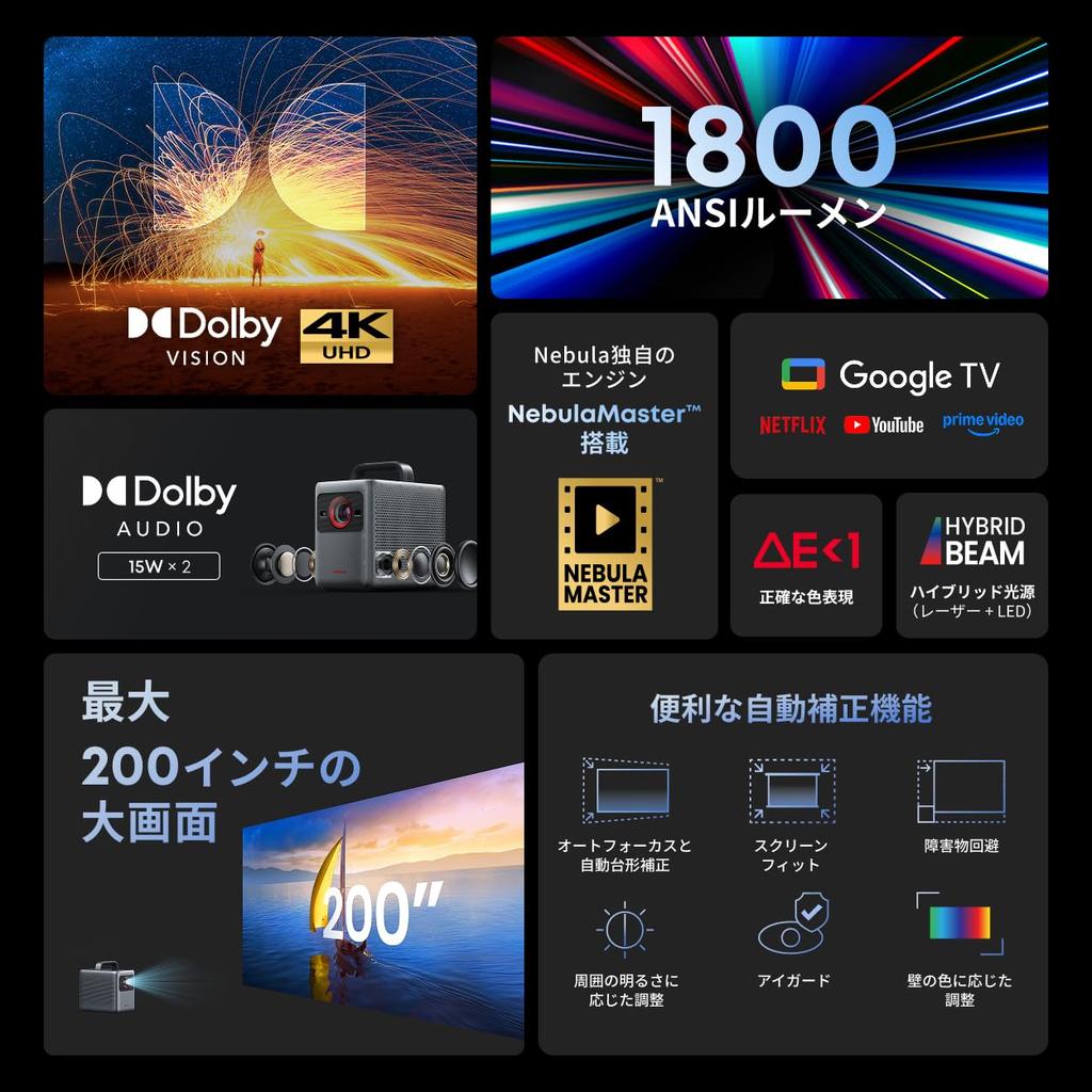 Anker Nebula Cosmos 4K SE Smart Projector with Dolby and Google Vision 4K 1800 ANSI Lumens Autofocus Automatic Keystone Correction Dolby Digital Plus