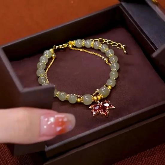 Adjustable Extended Chain Double Layer Women Bracelet Faux Gem Beads Maple Pendant Luxury Bracelet Jewelry Accessories