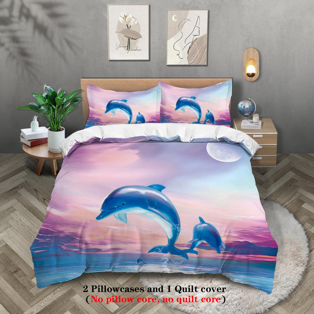 3-piece set, cartoon dolphin pattern printed bedding set, queen, king, double bed, for bedroom, guestroom, hotel