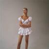 Vintage Hollow Out Corset Dress Women Fashion V Neck Ruffles Pleated Puff Sleeve Chic Black Summer Party Ladies Dress