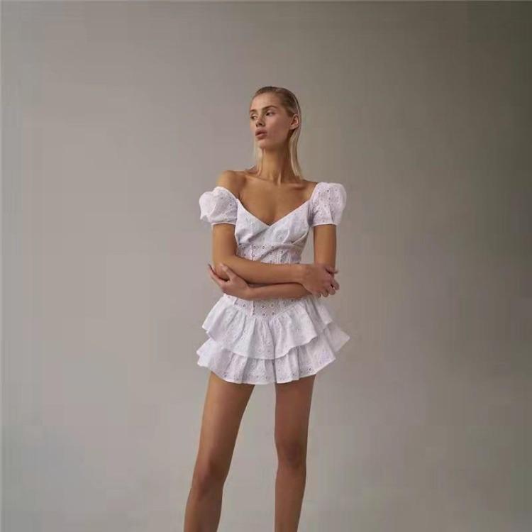 Vintage Hollow Out Corset Dress Women Fashion V Neck Ruffles Pleated Puff Sleeve Chic Black Summer Party Ladies Dress