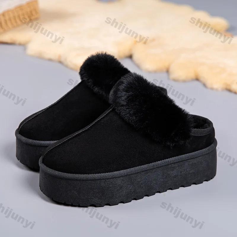 Women Fashion Fluffy Snow Cotton Slippers Winter Thick Sole Plush Warm Cotton Shoes Female Slip on Platform Non-slip Ankle Boots