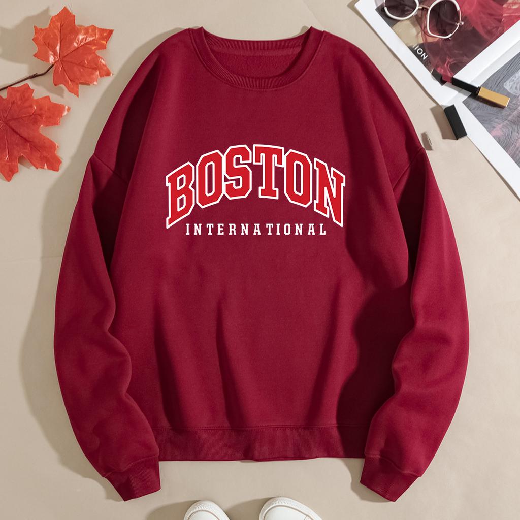 Autumn Letter "Boston International" Printed Hoodies Fashionable Casual Classic Sports Long Sleeved Women's Hoodies