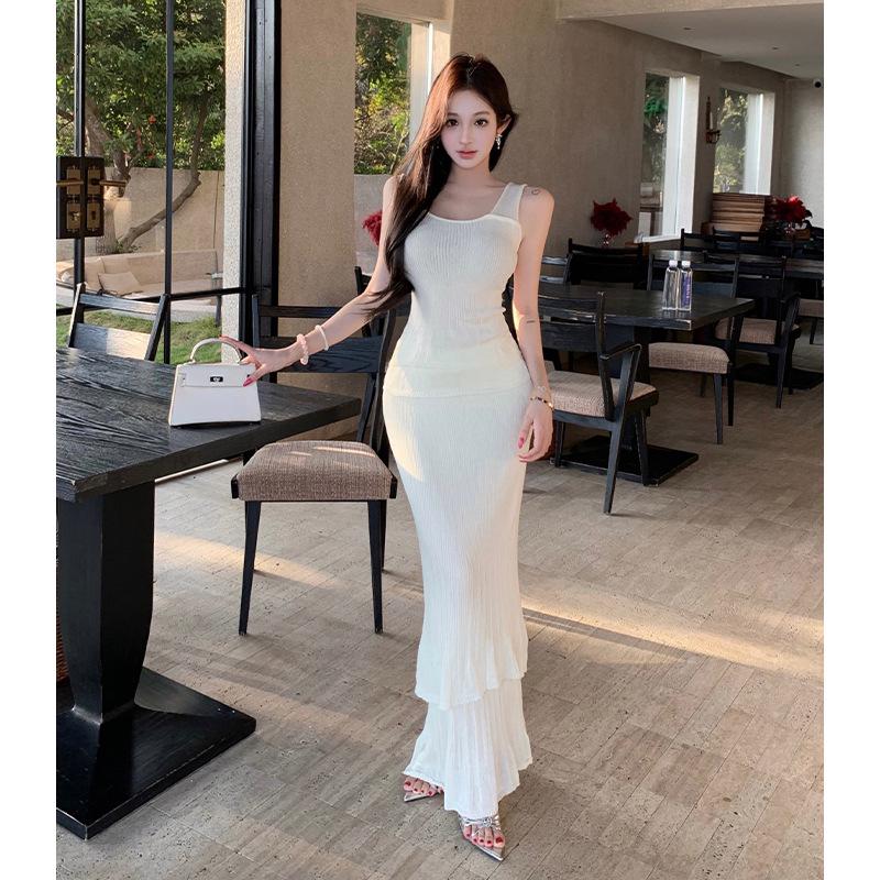 

Women s French Style Sleeveless Knit Top & High-Waisted Pleated Skirt Set L чорний