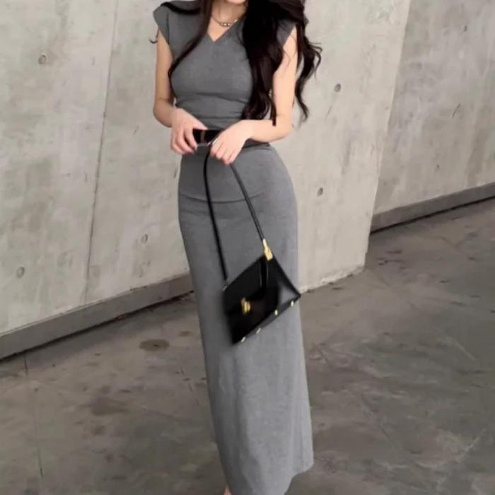 Summer V-neck Waist Royal Sister Style Dress Women's Design Feeling Wrinkled and Thin French Niche Hip-wrapped Dress