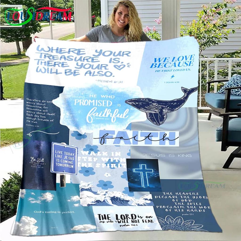 Fashion Bible Verses Jesus Pattern Blanket Flannel Thin Blanket Portable Home Travel Office Lunch Break Blanket Birthday Gift