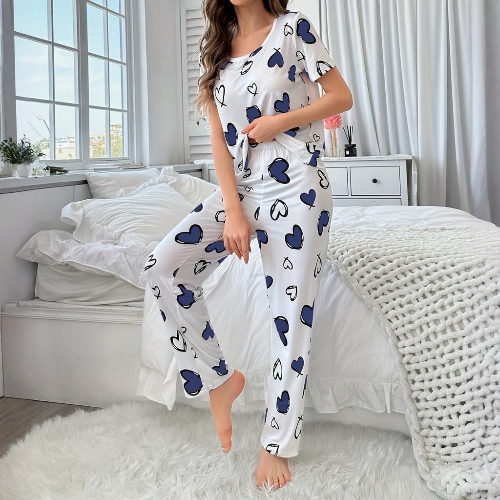 Women's Sleepwear, Short Sleeved Pants, Comfortable Heart Printed Casual Home Suit Set, Sleepwear Suitable For Women To Wear Outside