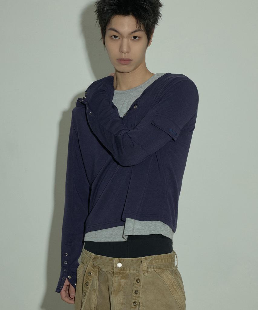 LANARCHIVE [0105] Layered Henley Neck Long Sleeve - Navy