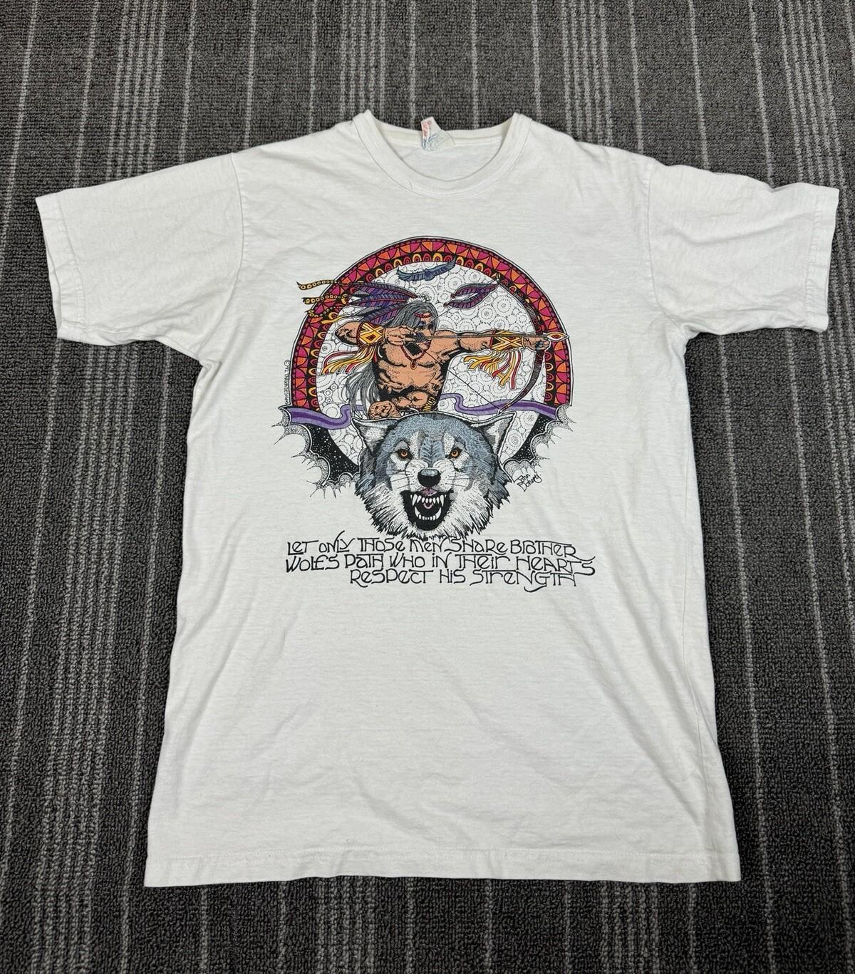 Vintage Native American  Mens Small White Vintage 1992 Traka Designs Wolf Unisex T-Shirt XXL