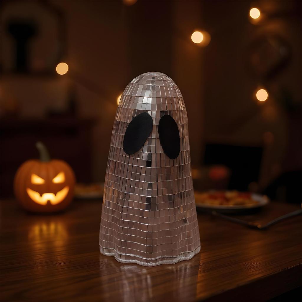 Disco Ball Ghost Halloween Centerpiece Glitter Ghost Sign Decor Tiered Tray Ornaments for Fireplace Mantle Table Desk Home