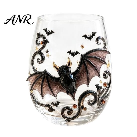 Dunkle Fantasy Trinkgläser Halloween Handgefertigte Glaswaren, Fledermaus/Zaubererhut/Vogelscheuche/Krähe Handbemalter Kelch, 420ml Glitzer Glasbecher Kapazität, A