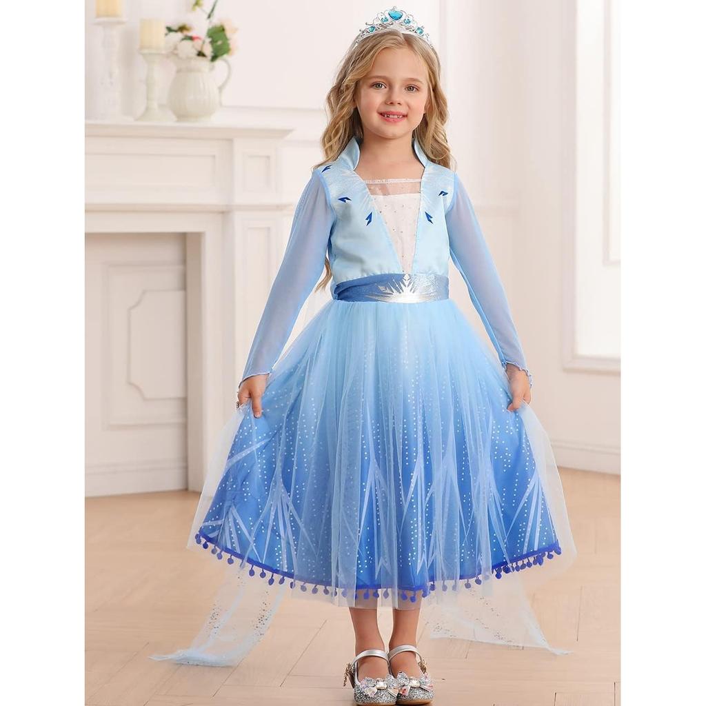 Frozen 2 Kids Elsa Dress Set with Crown, Wig and Accessories, Ice Queen, Fine Fabric, 5-6 Years, 130cm, Blue