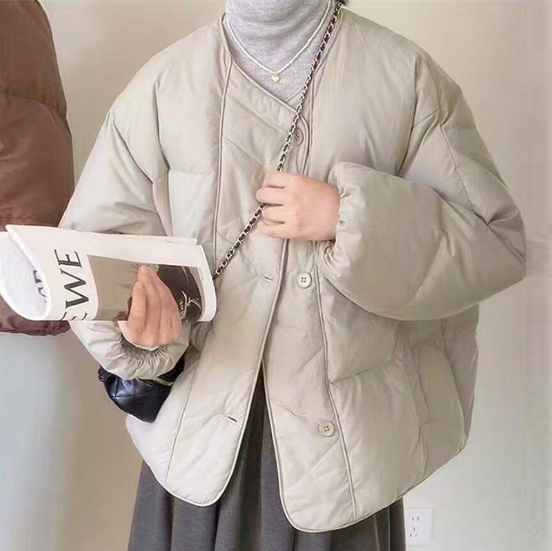Crew neck small down jacket women's winter fashion literary diamond thickened white duck down warm bread jacket