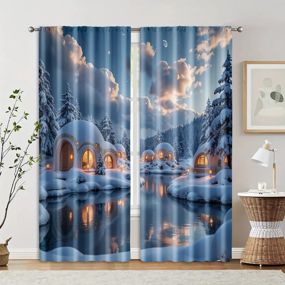 

2 pcs, filtering curtains (excluding rods, non-movable, without batteries) Snowhouse Night View for use in bedrooms and living 29x65in(75x166cm)