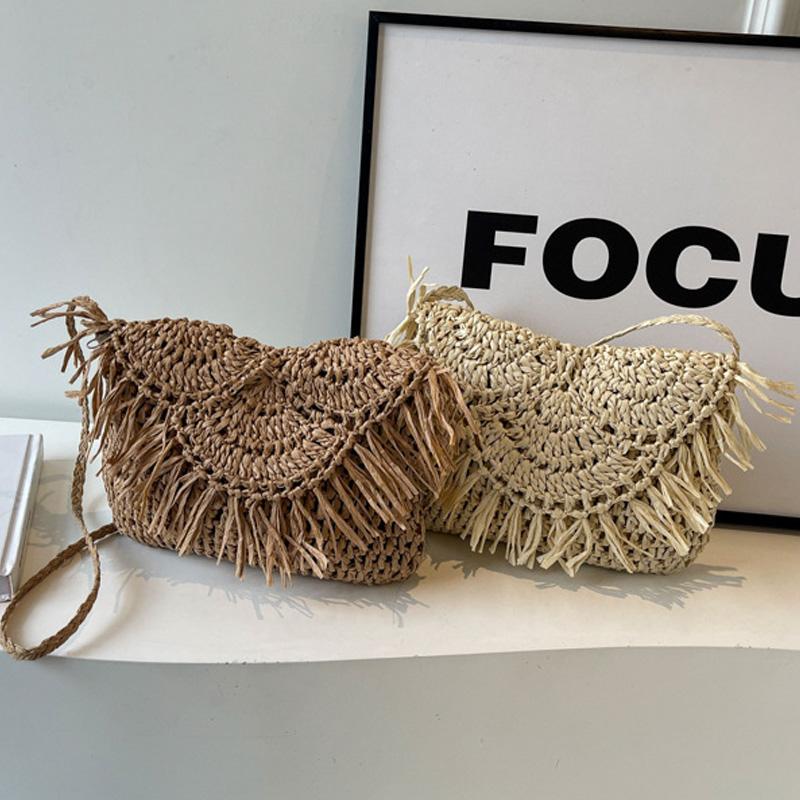 Handwoven Cotton Straw Shoulder Bag Crochet Tassel Beach Bohemian Purse for Women