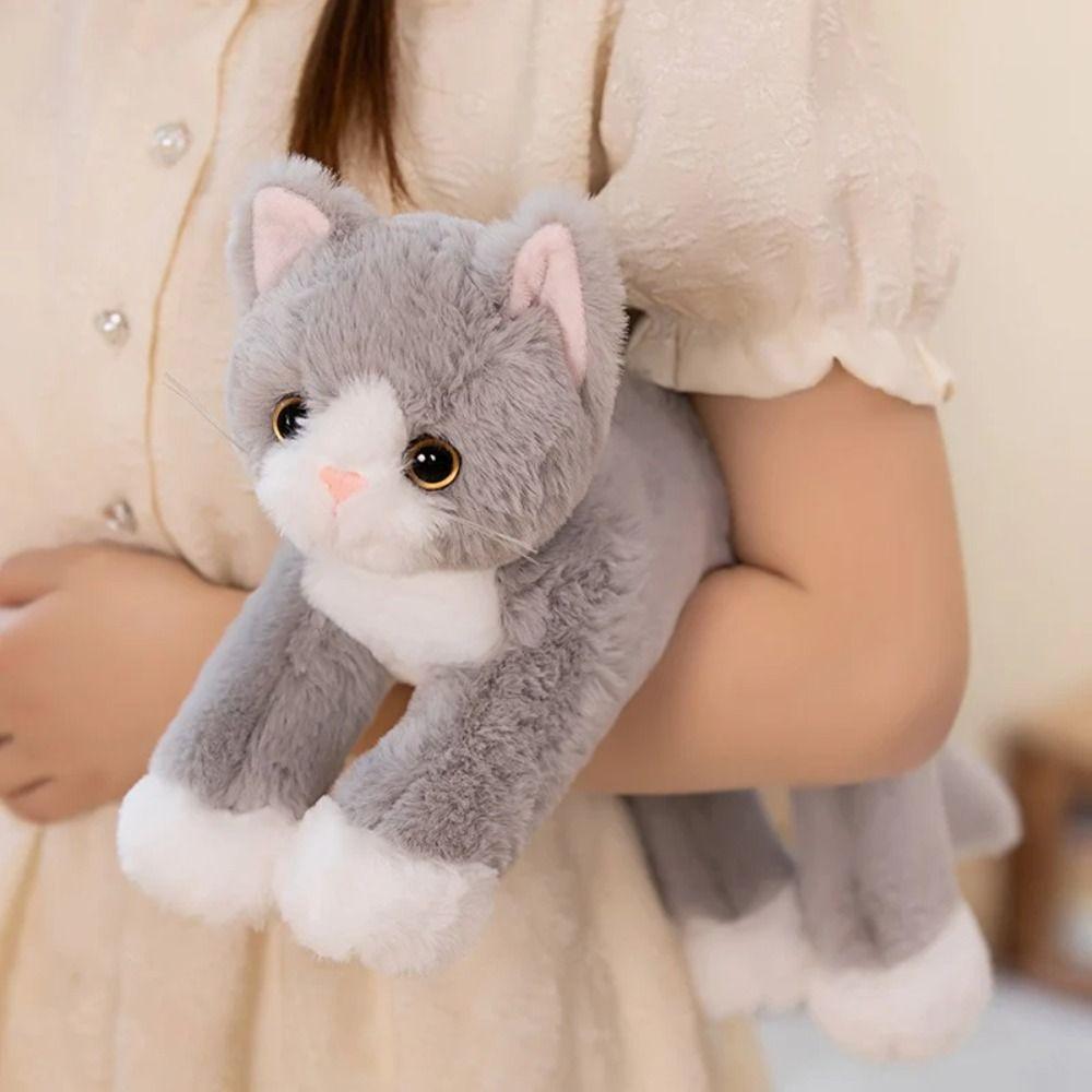Plush Simulated Cat Plush Toy White/ Gray Plush Cat Doll Plush Kitten Pillow  Birthday Gift