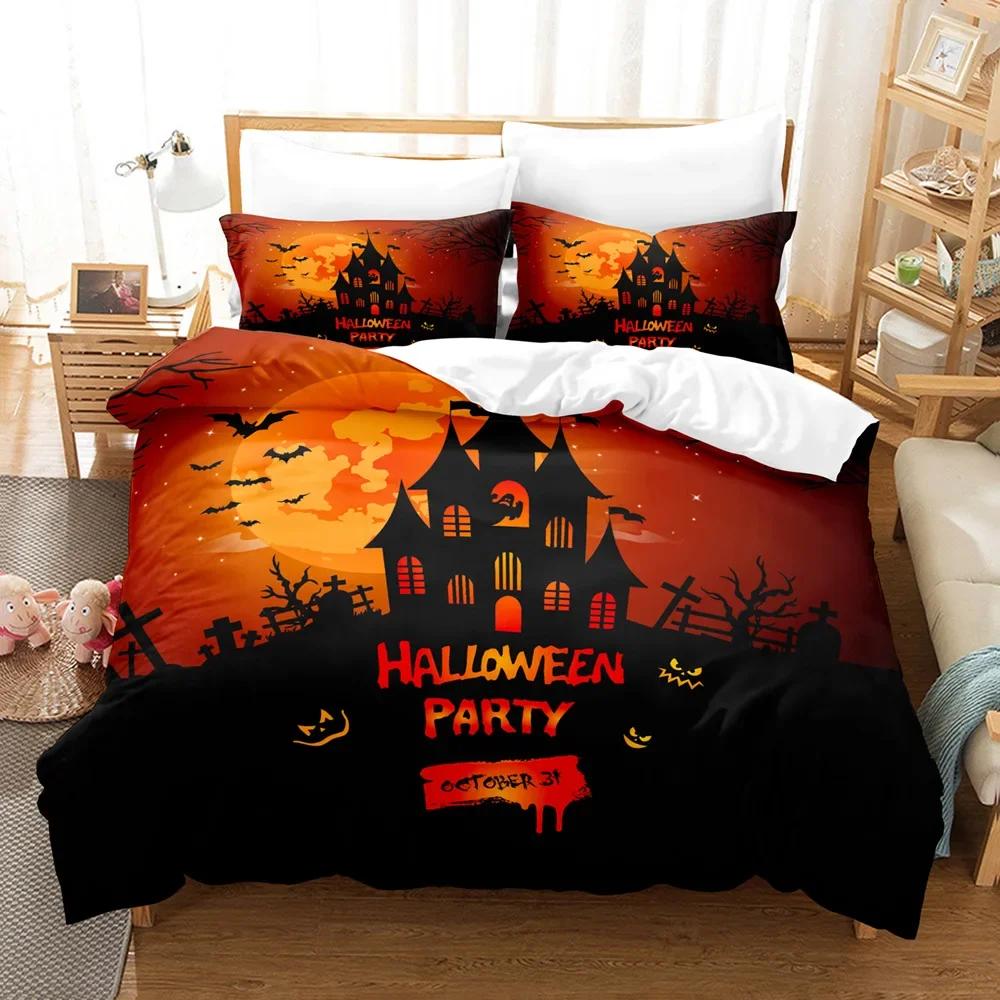 

Halloween Bedding Set King/Queen Size Cartoon Pumpkin Lantern Castle And Bat Duvet Cover Dark Horror Night Polyester Quilt Cover 70x133cm 2pcs