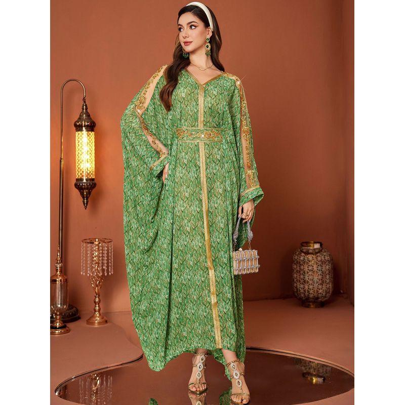 

Зеленый шифон с принтом, пэчворк, кружево, жемчужная вышивка, рукав «летучая мышь», пояс, свободный размер, пончо, платье-халат длиной до пола Green Free size