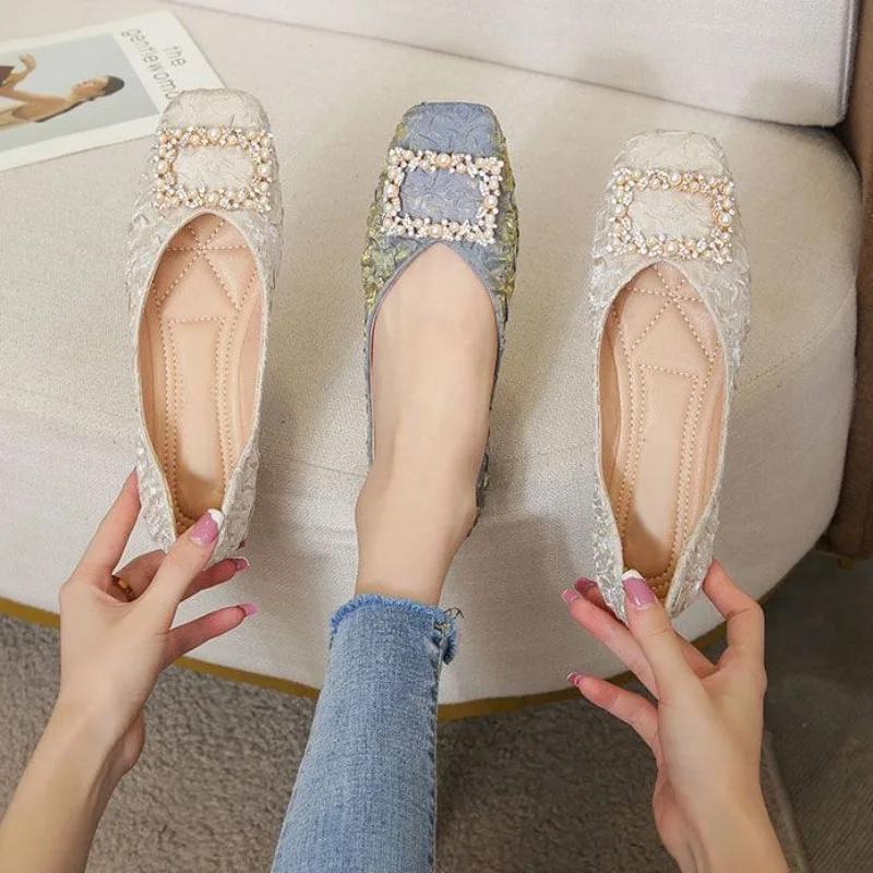 Fashion Ladies Footwear Pearl Low Heel Elegant Women's Flat Shoes Square Toe Korean Fashion High Quality Vintage Modest Stylish Chic Y2k