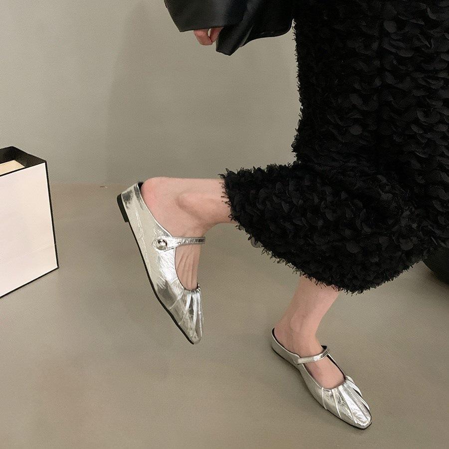 Flat-bottomed Bag Head Half-drag Women's Shoes Wear Summer Mary Jane Sandals Inside Height-increasing Silver Single Shoes