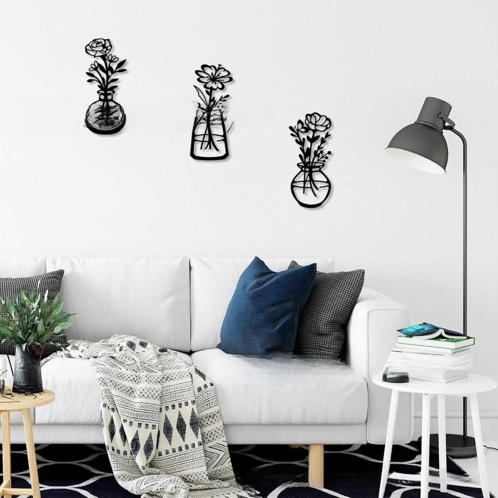 3 Pieces Set Metal Material Metal Flowers Wall Art 3D Vase Design 3D Flower Vase Boho Farmhouse Wall Stickers Bathroom
