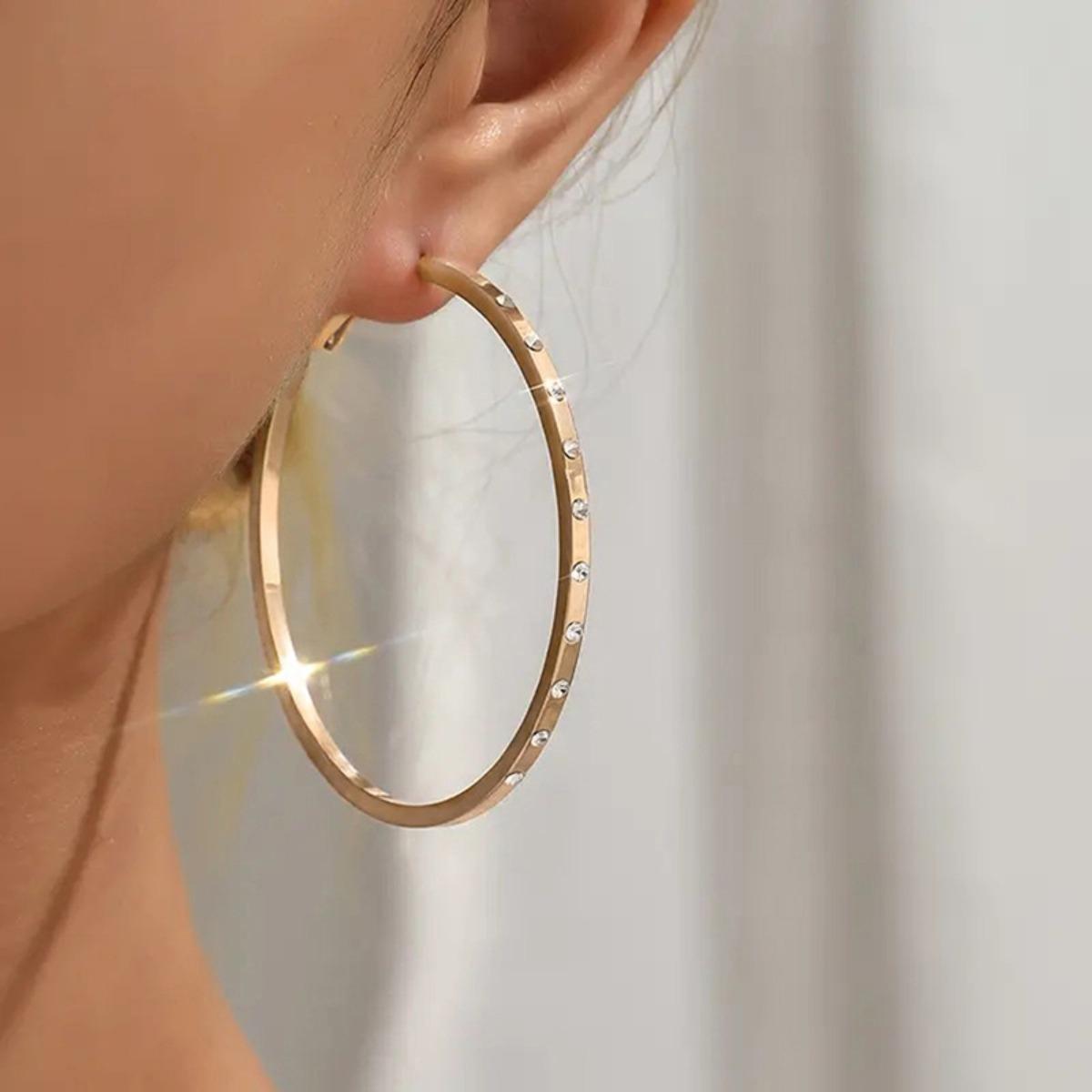 Large Thin Hoop Earrings with Lined Sparkling Stones Minimalist Elegant Women Jewelry