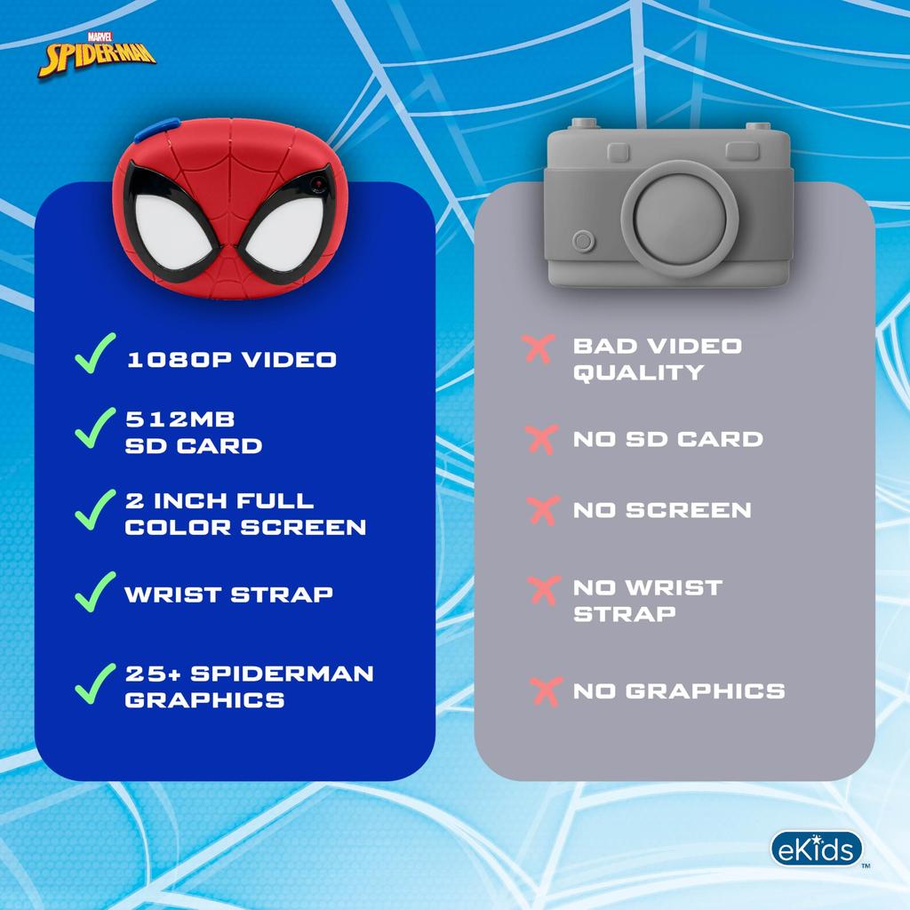 EKIDS Spider-Man Kids Camera with 1080p Video, 2-inch Screen, SD Card Included (Kids Digital Toy for Photos and Videos)