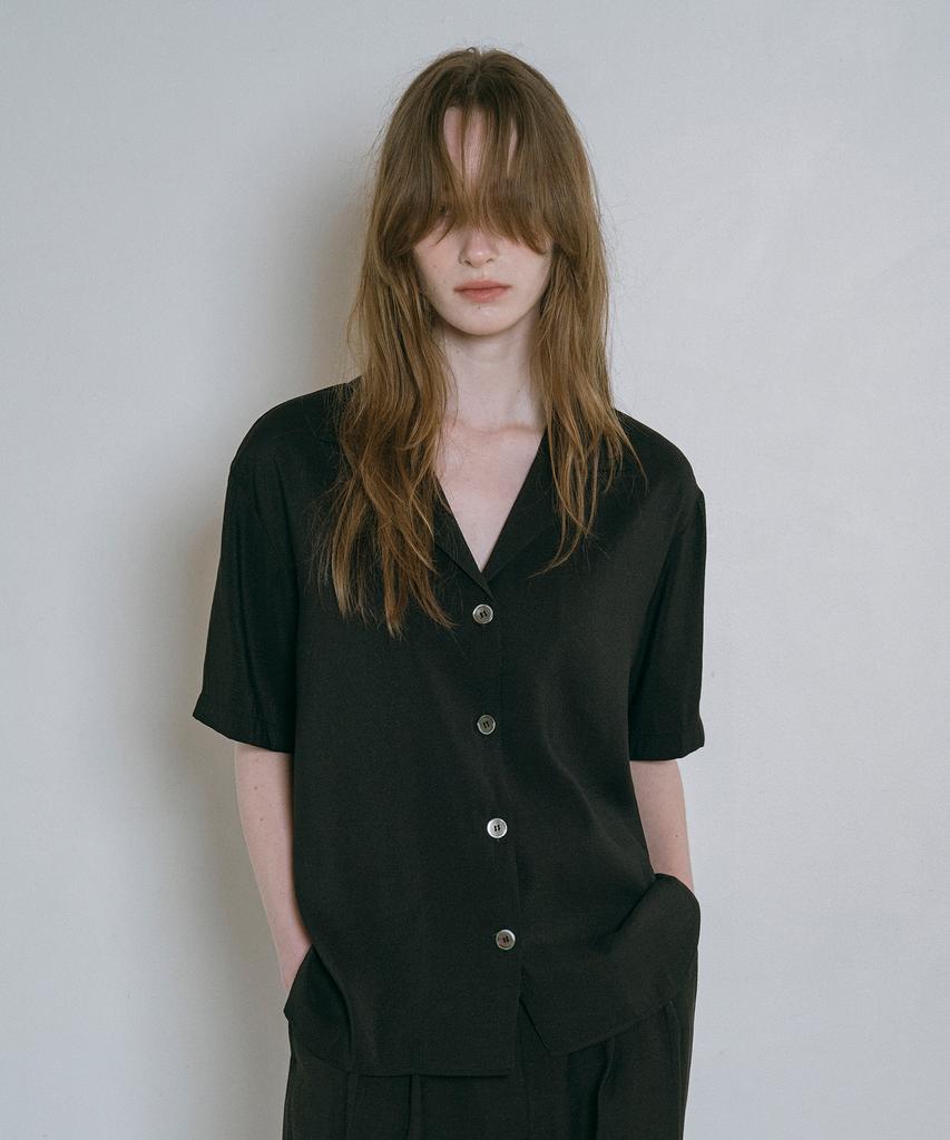 Banwonateullie A3525 Open Collar Drop Shoulder Shirt_Black
