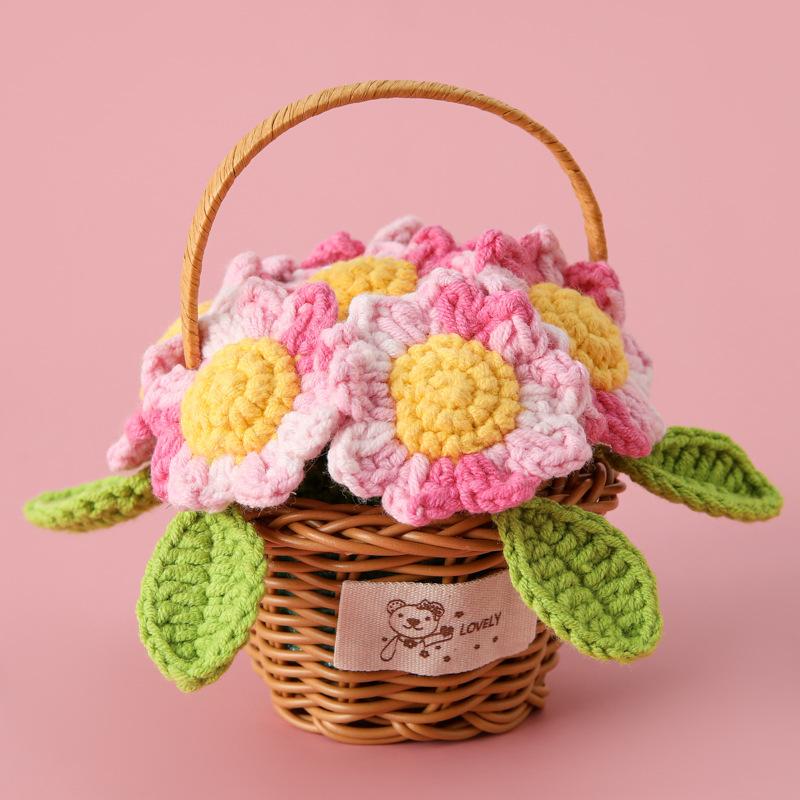Lovely Hand-knitted Sunflower Basket Romantic Crochet Wedding Flowers Home Office Table Decor