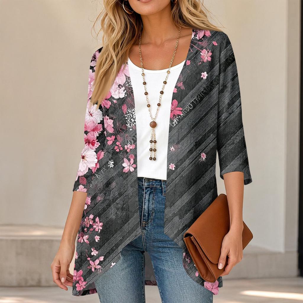 Women's Vintage Floral Print Three-Quarter Sleeve Lightweight Cardigan for Casual Daily Wear