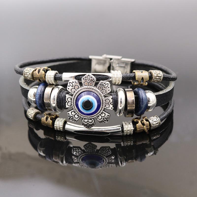 Vintage Multilayer Leather Evil Eye Bracelet: Unisex European & American Style Punk Jewelry.