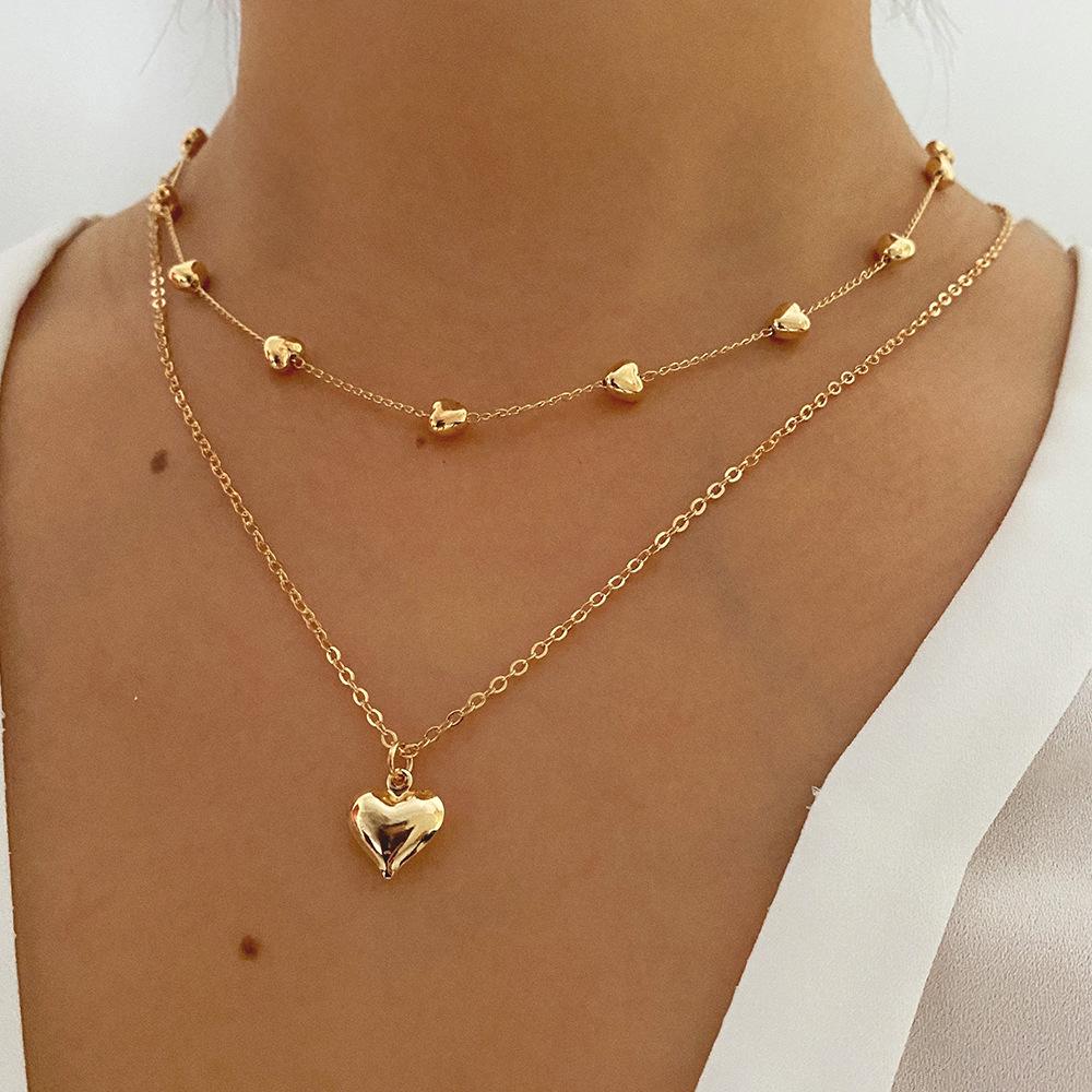 Korean Sweet Temperament Double-Deck Gold Color Love Pendant Necklace Ladies Birthday Wedding Jewelry Accessory Gift