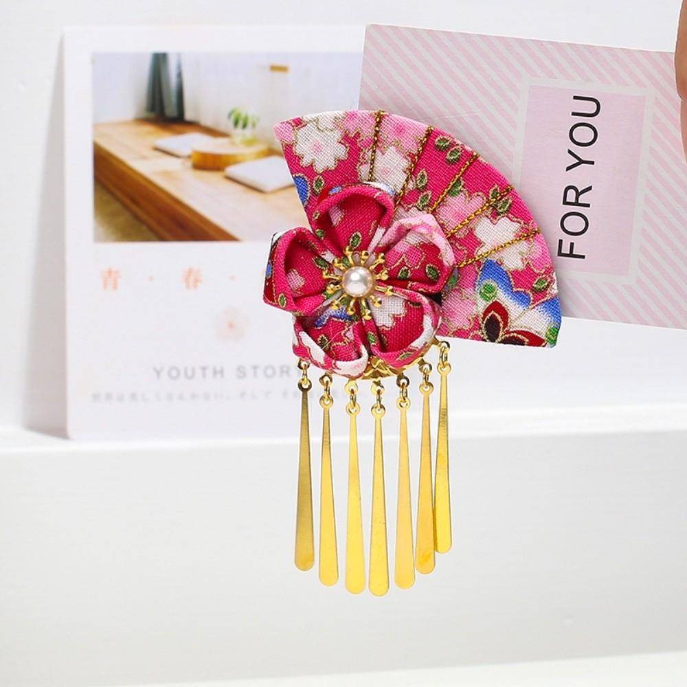 Elegant Kimono Hair Clip Traditional Metal Tassel Faux Pearl Decor Hair Clip Cloth Sakura Flower Fan Shape Hairpin Kids Girls