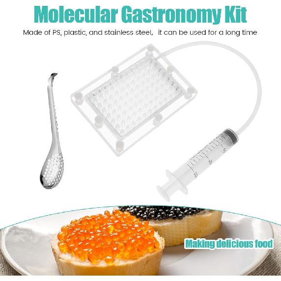 Caviar Maker Box, Spherification Dropper, Molecular Gastronomy Kit, 96 Holes Roe Sauce Dispenser Strainer Tools with Spoon and Syringe, Rapid Caviar