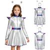 Girls Halloween Alien Costume Long Sleeve Zip Up A Line Dress Belt Hair Hoop Shiny Metallic Robot Outer Space Costume for Party