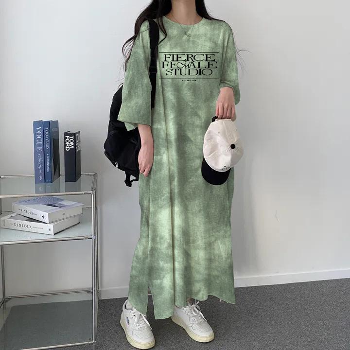 

Летнее платье-футболка облегающего кроя 2024: Тай-дай, Высокая эластичность, Цветной блок, Легкий в носке повседневный стиль Extra Large зелёный