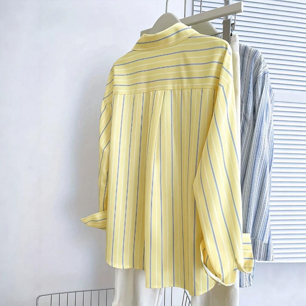 Striped fashion long-sleeved shirt, lapel loose casual commuter temperament versatile top