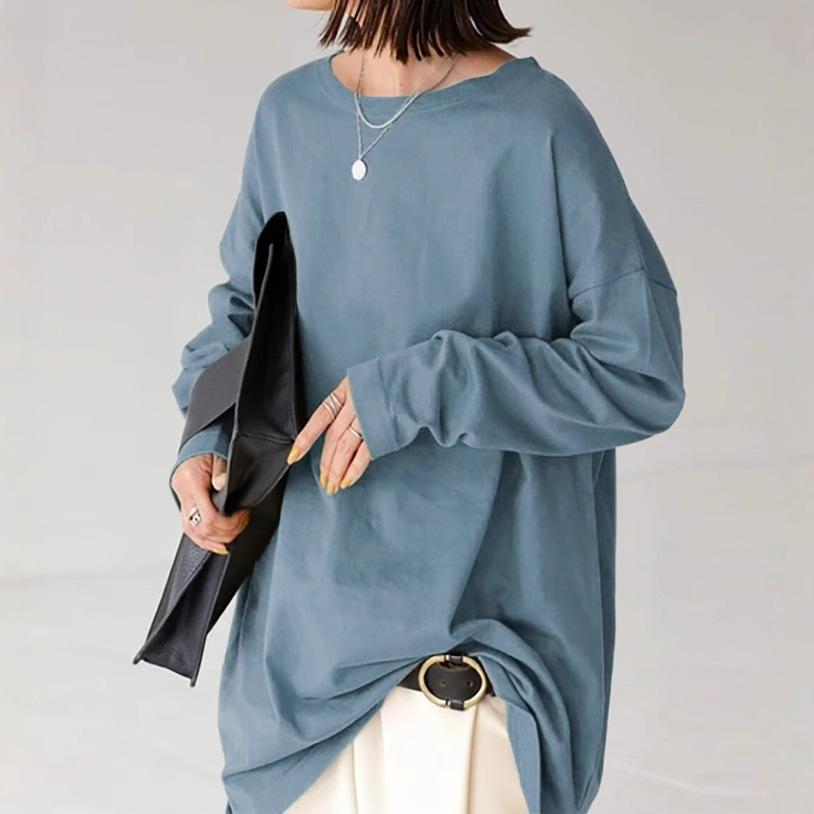 Autumn Minimalist Mid Length Long Sleeved T-shirt for Women Loose Casual Round Neck Pullover Solid Color Base Shirt T-Shirts Women’s