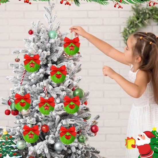 10 Pcs Green Furry Christmas Ball Ornaments with Red Bow Soft Faux Fur Pom Pom Ball Hanging Decorations for Holiday Tree Decor