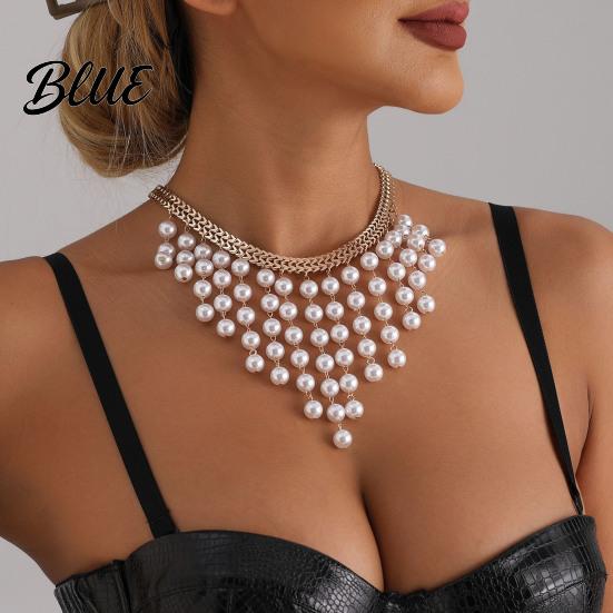 Statement Faux Pearl Choker Boho Women Necklace with Chunky Round