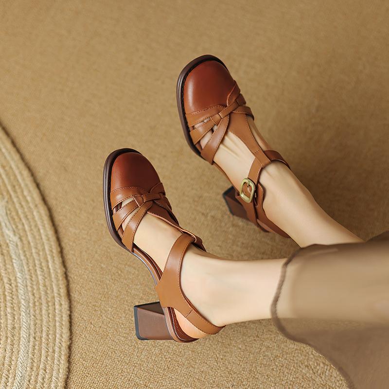 Modne Eleganckie Damskie Sandały na Obcasie z Zakrytymi Palcami Luksusowa Marka Skóra Naturalna Wysoki Obcas Blokowy Sandały Rzymskie Haftowane Czółenka Gladiator