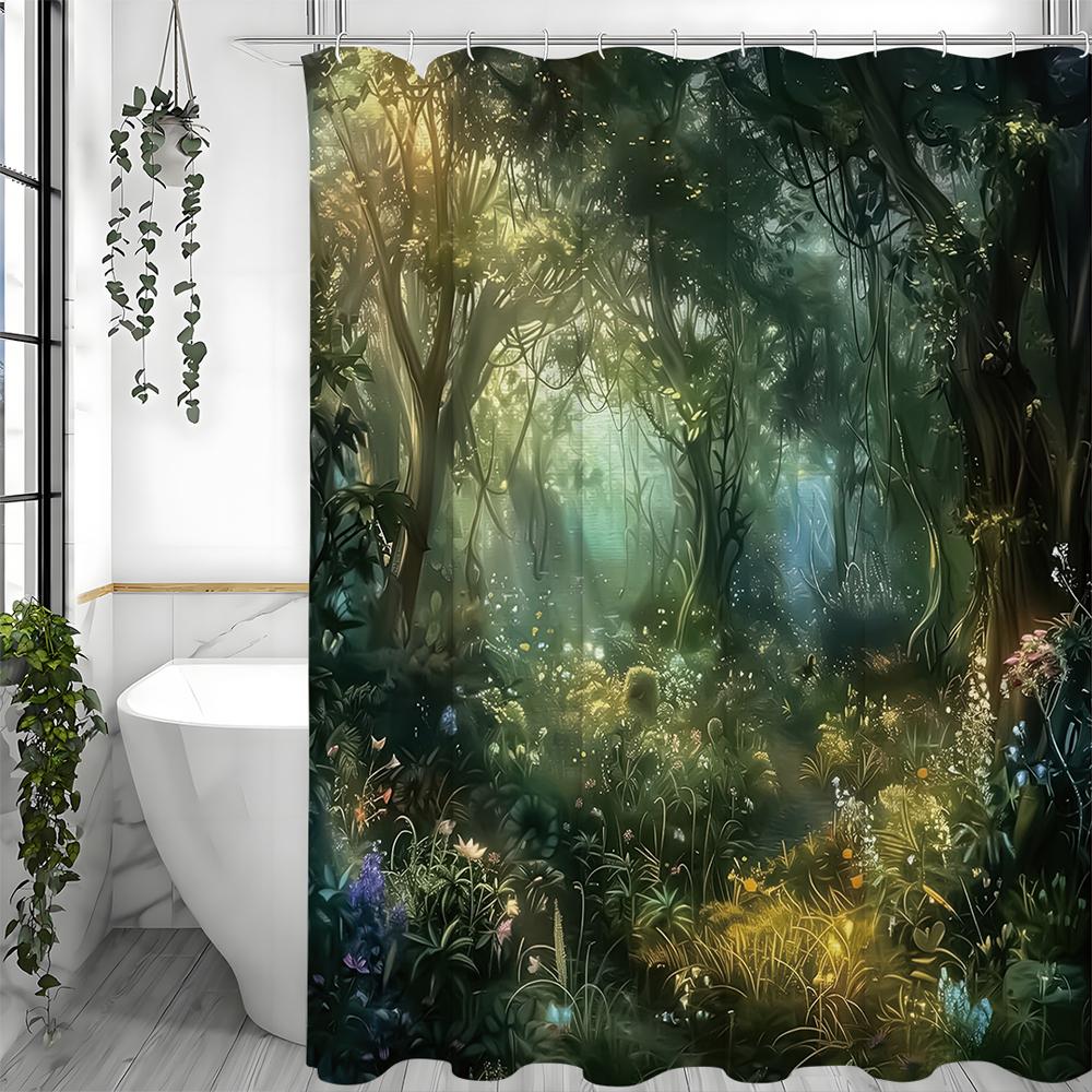 Verzauberter Wald Duschvorhang, Badezimmer Dekorativer Duschvorhang, Wasserdichter Duschvorhang mit Haken