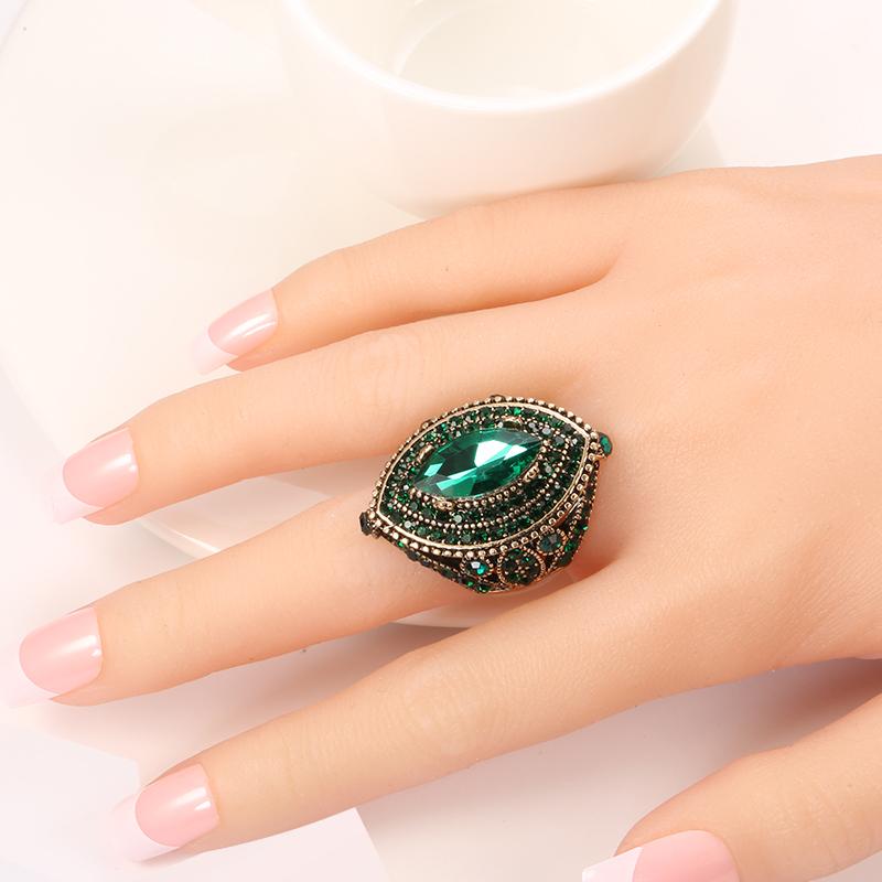 Antique Ring For Luxury Women Vintage Look Aaa Green Crystal Boho Jewelry Gold Color Charm Ethnic Wedding Ring