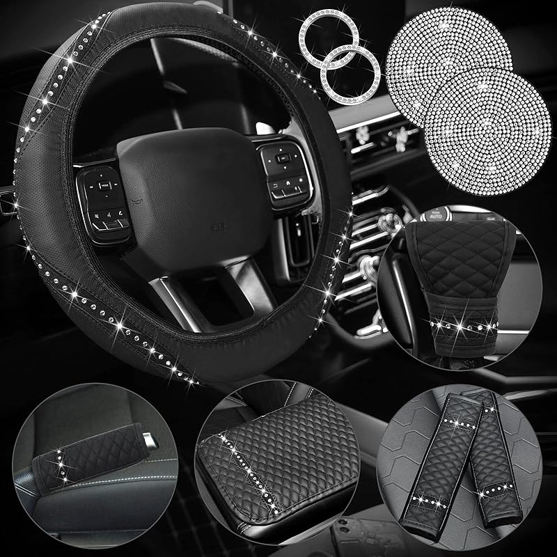 Sinmoe 10 Pcs Bling Car Accessories Set For Women Rhinestones Leather Accessories Steering Wheel Cover Armrest Gear Shift And Seat Belt And Handbrake