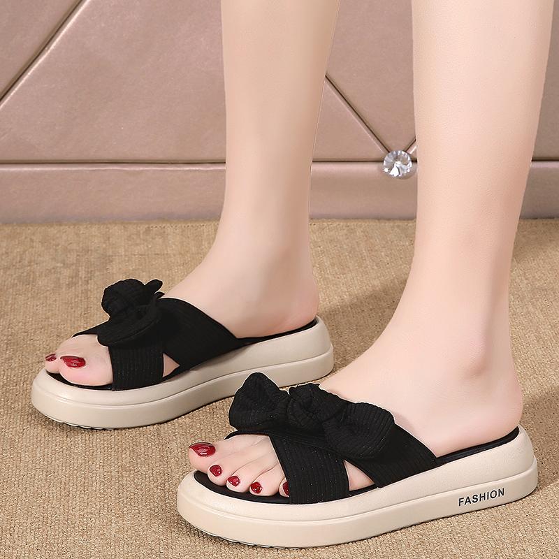 Pantofole da donna estive in tessuto elasticizzato Tomaia Vamp con fiocco a farfalla Peep-toe Sandali da donna Comfort Solette morbide Pantofola