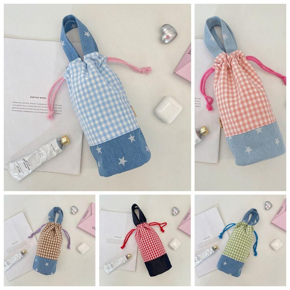 Water Bottle Holder Water Bottle Cover Grid Small Storage Bag Cute Drawstring Canvas Cup Bag  Girls