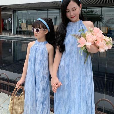 2024 Summer French Retro Mother-Daughter Sleeveless Halter Off-Shoulder Beach Dress