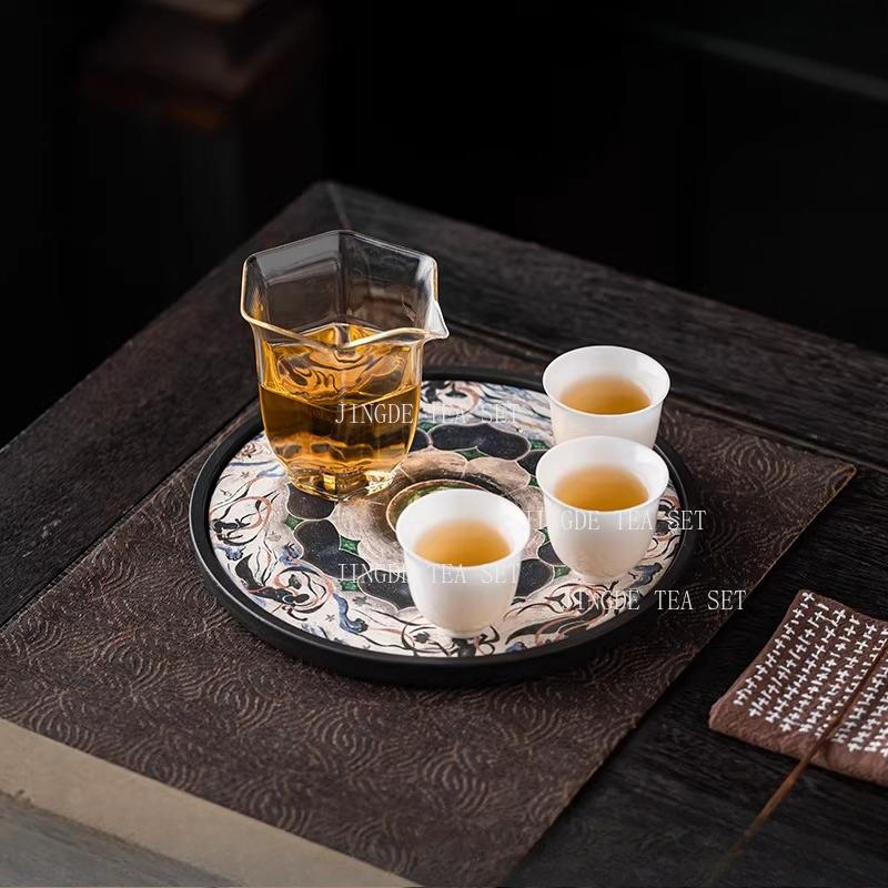 Dunhuang Mural Tea Tray Circular Chinese Style Dry Foam Trays Household Lotus Tea Tray Teaset Tray Tea Ceremony Accessories